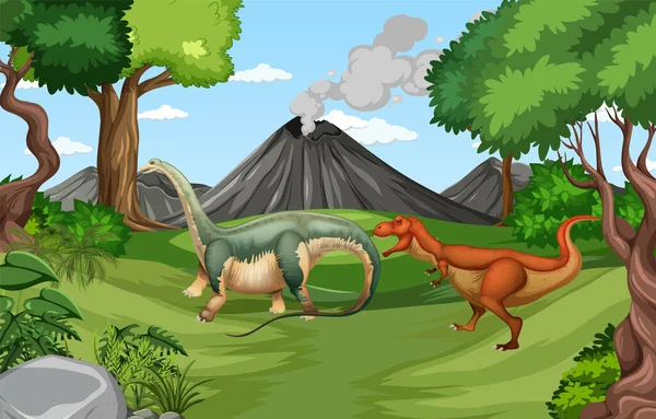 Scène Avec Des Dinosaures Dans Forêt Illustration — Image vectorielle