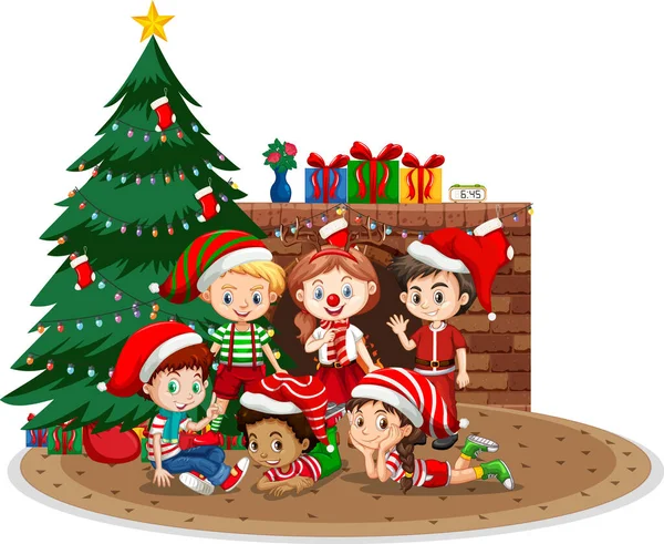 Bambini Felici Che Celebrano Natale Sfondo Bianco Illustrazione — Vettoriale Stock