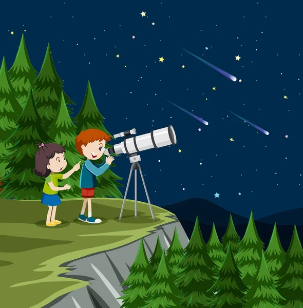 Uma Criança Olhando Para Planeta Com Ilustração Telescópio — Vetor de Stock
