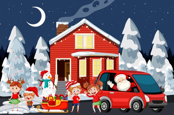 Navidad Escena Invierno Con Santa Claus Niños Ilustración — Vector de stock