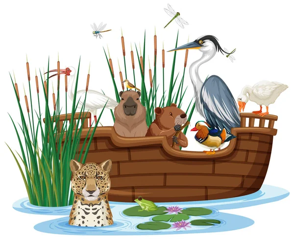 Many Animals Boat Illustration — Stock Vector