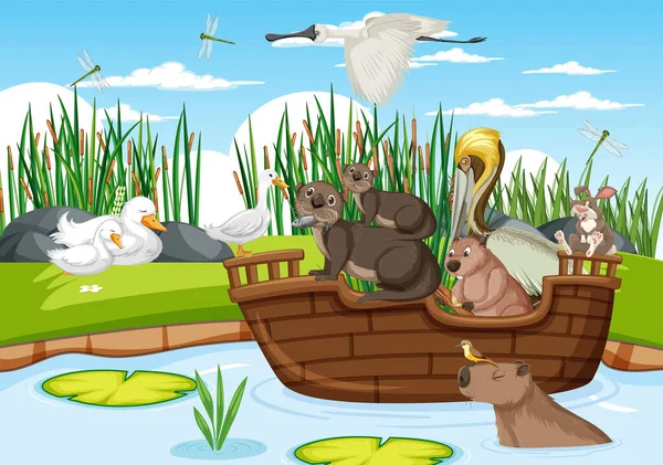 ボートのイラスト上の多くの動物 — ストックベクタ