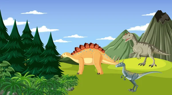 Scène Met Dinosaurussen Het Bos Illustratie — Stockvector