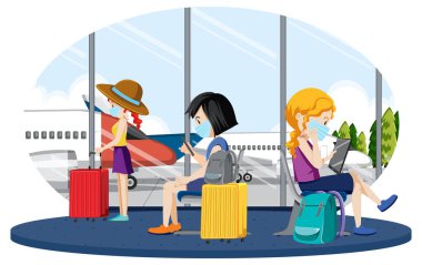 Çizgi film stili illüstrasyonla giriş kapısında bekleyen yolcular