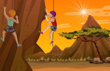 Kayalık dağ resimlerine tırmanan insanların olduğu sahne