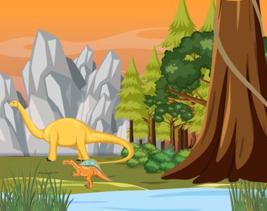 Orman illüstrasyonunda birçok dinozorun olduğu sahne