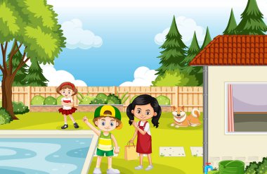 Çocuklu arka bahçe manzarası ve çit çizimi