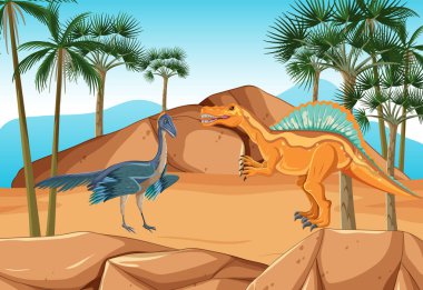 Plam ve Dinozor illüstrasyonlu doğa sahnesi