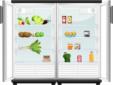 Buzdolabında sebze ve yiyecek var.