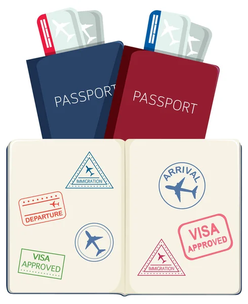 白い背景イラストのフライトチケット付きパスポート — ストックベクタ
