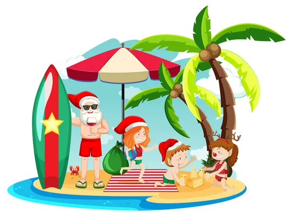 Natal Verão Com Papai Noel Crianças Ilustração — Vetor de Stock