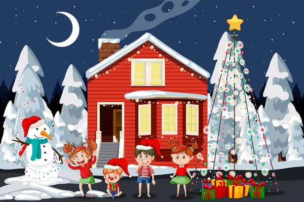 Navidad Invierno Escena Con Niños Felices Ilustración — Vector de stock