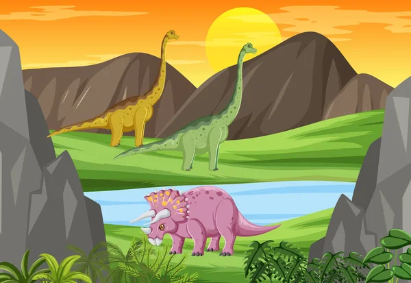 Naturscen Med Damm Och Dinosaurie Illustration — Stock vektor
