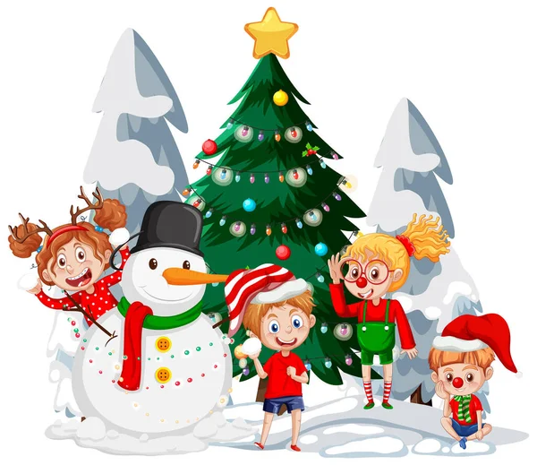 Weihnachtszeit Mit Kindern Weihnachtskostümen Und Schneemannillustration — Stockvektor