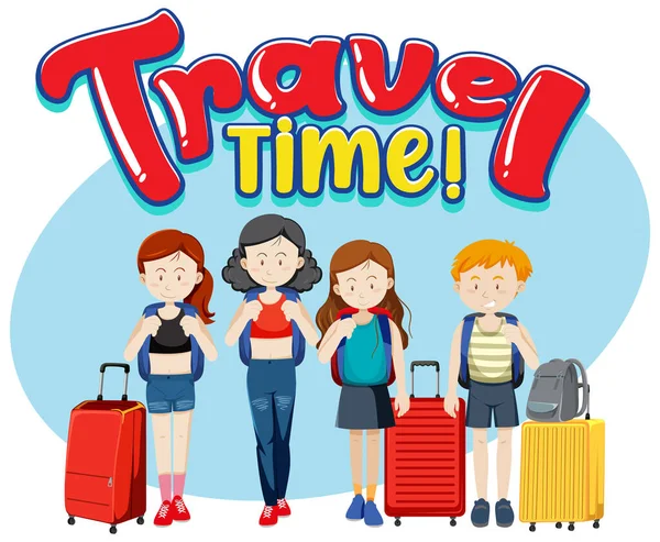 Diseño Tipografía Travel Time Con Ilustración Personajes Viajeros — Vector de stock