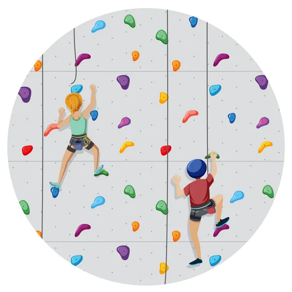 Scena Con Persone Arrampicata Roccia Coperta Sul Cerchio Illustrazione Artboard — Vettoriale Stock