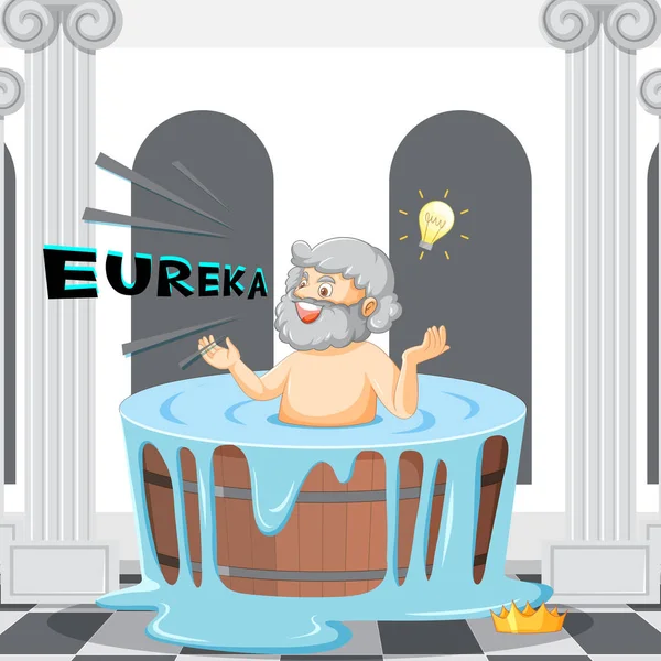 Archimède Dans Baignoire Dessin Animé Avec Mot Eureka Illustration — Image vectorielle