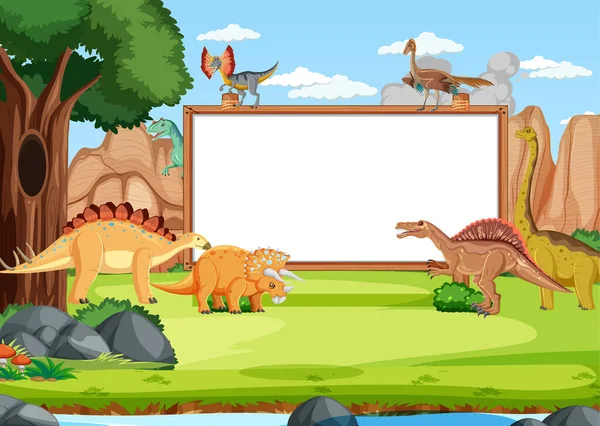 Scena Dinozaurami Tablicą Ilustracji Lasu — Wektor stockowy