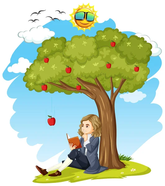 Isaac Newton Sentado Bajo Manzano Ilustración — Vector de stock