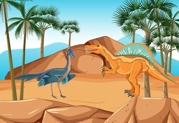 Scena Naturalistica Con Plam Illustrazione Dinosauri — Vettoriale Stock