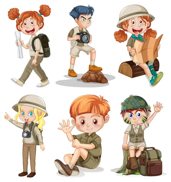 Ein Netter Junge Und Mädchen Scout Auf Weißem Hintergrund Illustration — Stockvektor