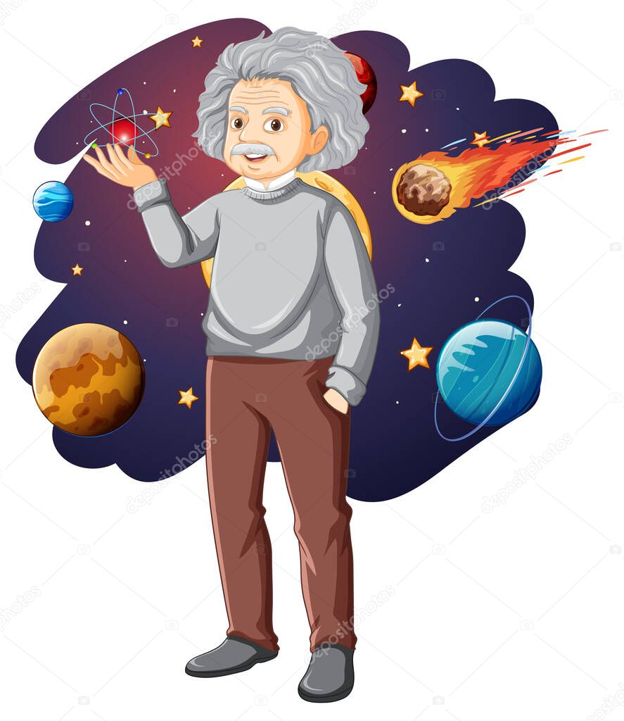 Albert Einstein cartoon character on space background illustration