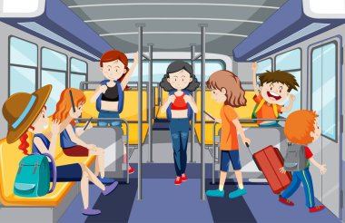 Toplu taşıma illüstrasyonunu kullanan birçok kişinin olduğu sahne