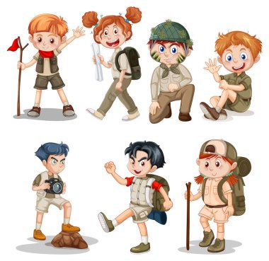 Beyaz Arkaplan çiziminde tatlı bir oğlan ve kız izci.