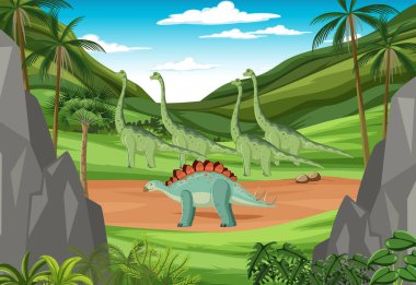 Orman illüstrasyonunda dinozorların oynadığı sahne