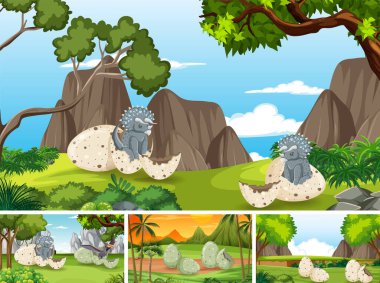 Orman illüstrasyonunda dinozorların oynadığı sahne