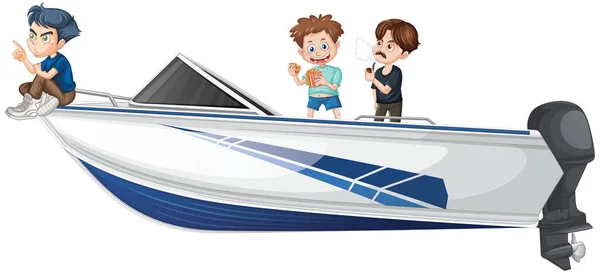 男孩和女孩站在一艘正在加速的船上 上面有一幅白色的背景图 — 图库矢量图片