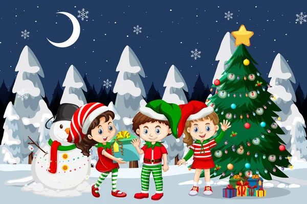 Niños Celebrando Navidad Con Ilustración Decorada Del Árbol Navidad — Vector de stock