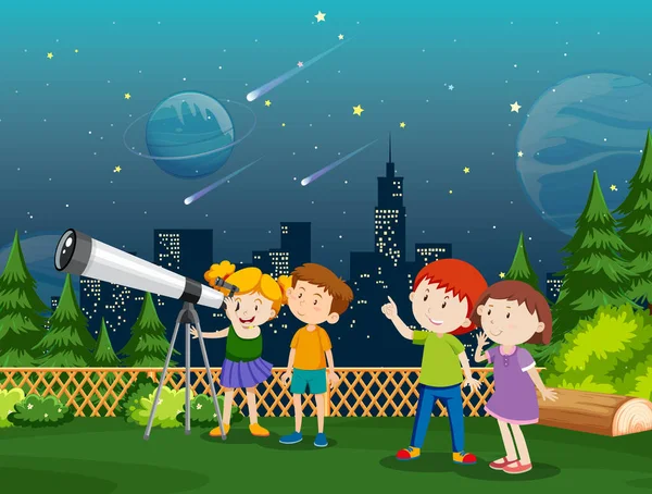 vector ilustración de niños mirando a telescopio.niños mirando mediante  telescopio en el noche dibujos animados vector ilustración gráfico diseño.  31760834 Vector en Vecteezy