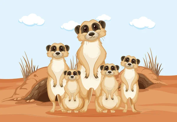 Group Cute Meerkats Southern African Animal Illustration — Stock Vector