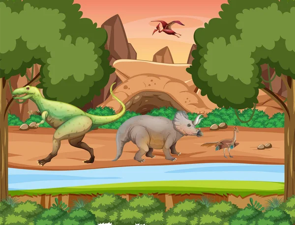 Scena Con Dinosauri Nella Foresta Illustrazione — Vettoriale Stock