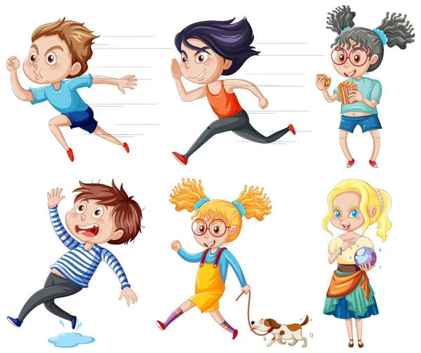 Set Young People Doing Different Actions Illustration — Stock Vector