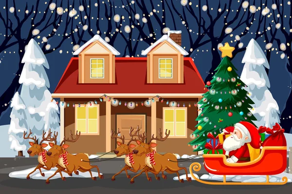 Navidad Invierno Escena Con Santa Claus Trineo Ilustración — Vector de stock