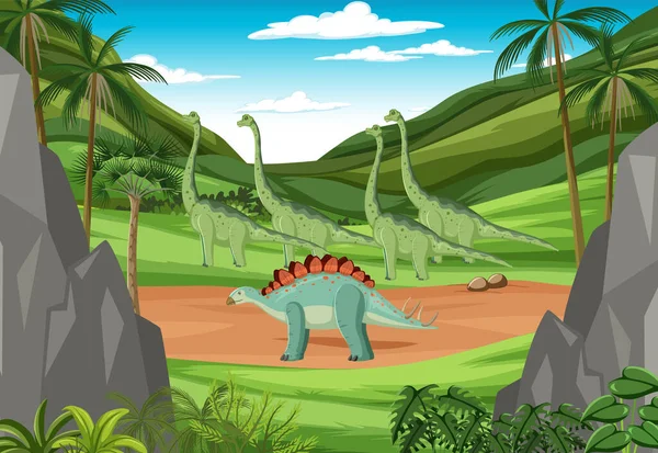 Cena Com Dinossauros Ilustração Floresta —  Vetores de Stock