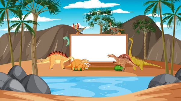 Scena Dinozaurami Tablicą Ilustracji Lasu — Wektor stockowy