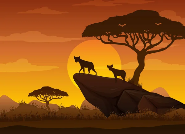 Hyena Silhouet Bij Savanne Bos Illustratie — Stockvector
