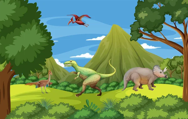 Escena Con Dinosaurios Bosque Ilustración — Vector de stock