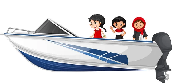 男の子と女の子のスピードボートの上に白い背景イラストに立って — ストックベクタ