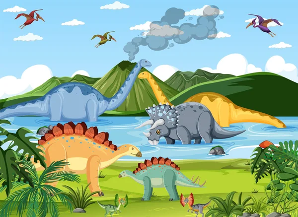 Dinosaurio Escena Prehistórica Del Bosque Ilustración — Vector de stock