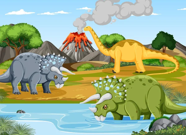 Dinosaurier Prähistorischen Wald Szene Illustration — Stockvektor