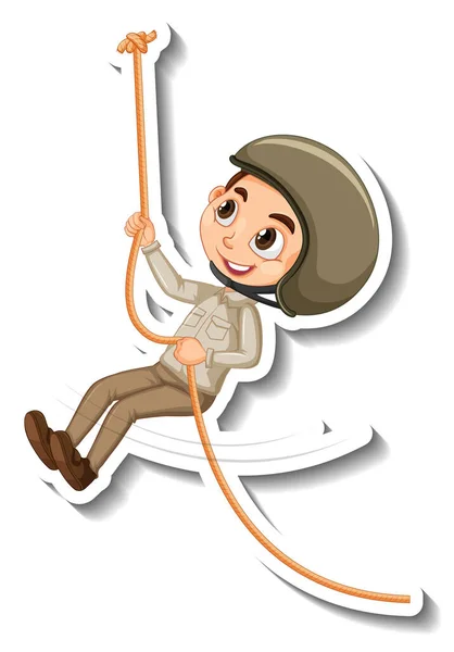 Safari Boy Hanging Rope Cartoon Character Sticker Illustration — 图库矢量图片