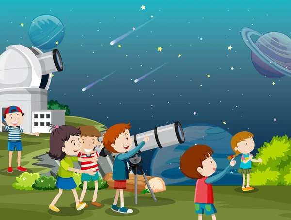 Gyerekek Nézi Bolygót Teleszkóp Illusztráció — Stock Vector