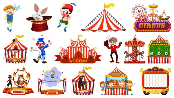 Ensemble Personnages Cirque Éléments Parc Attractions Illustration — Image vectorielle