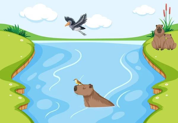 Viele Tiere Neben Fluss Illustration — Stockvektor