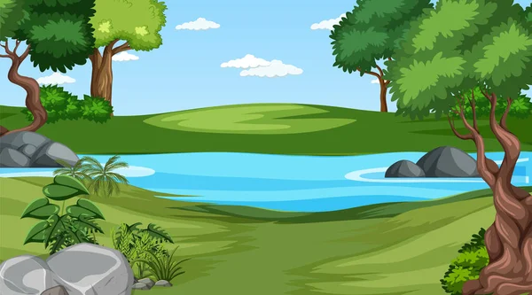 Nature Scene Pond Trees Illustration — Stock Vector
