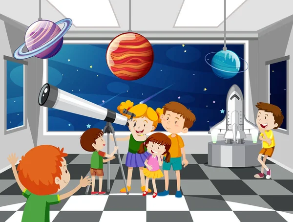 망원경으로 지구를 관찰하는 아이들 — 스톡 벡터